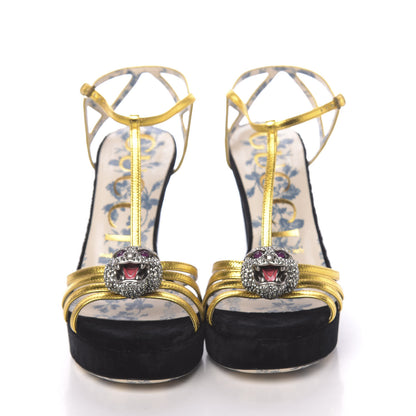 Gucci Velvet Nappa Elias T-Strap Platform High Heel Sandals 37 Black Gold 2 of 10