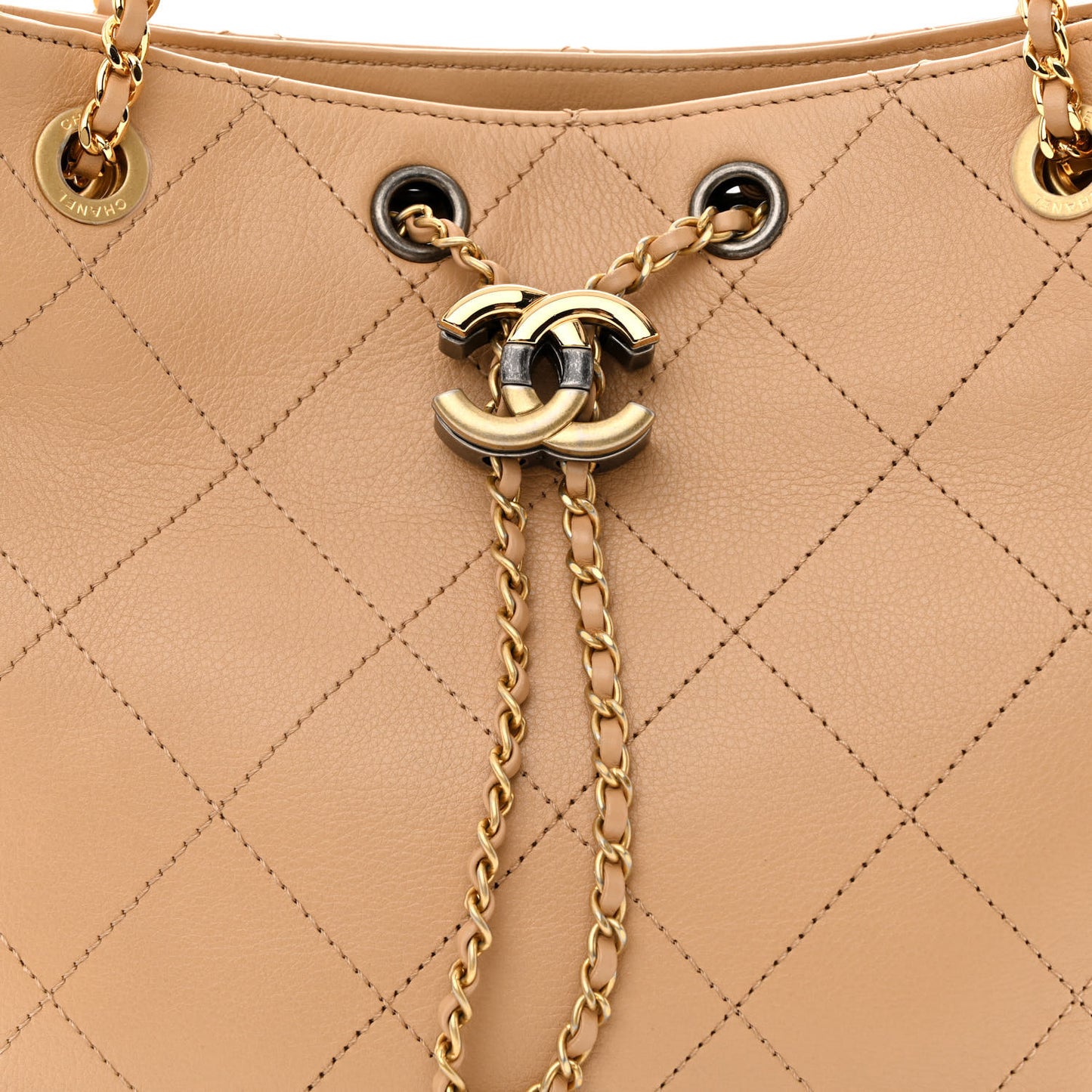 Calfskin Stitched Drawstring CC Bag Beige