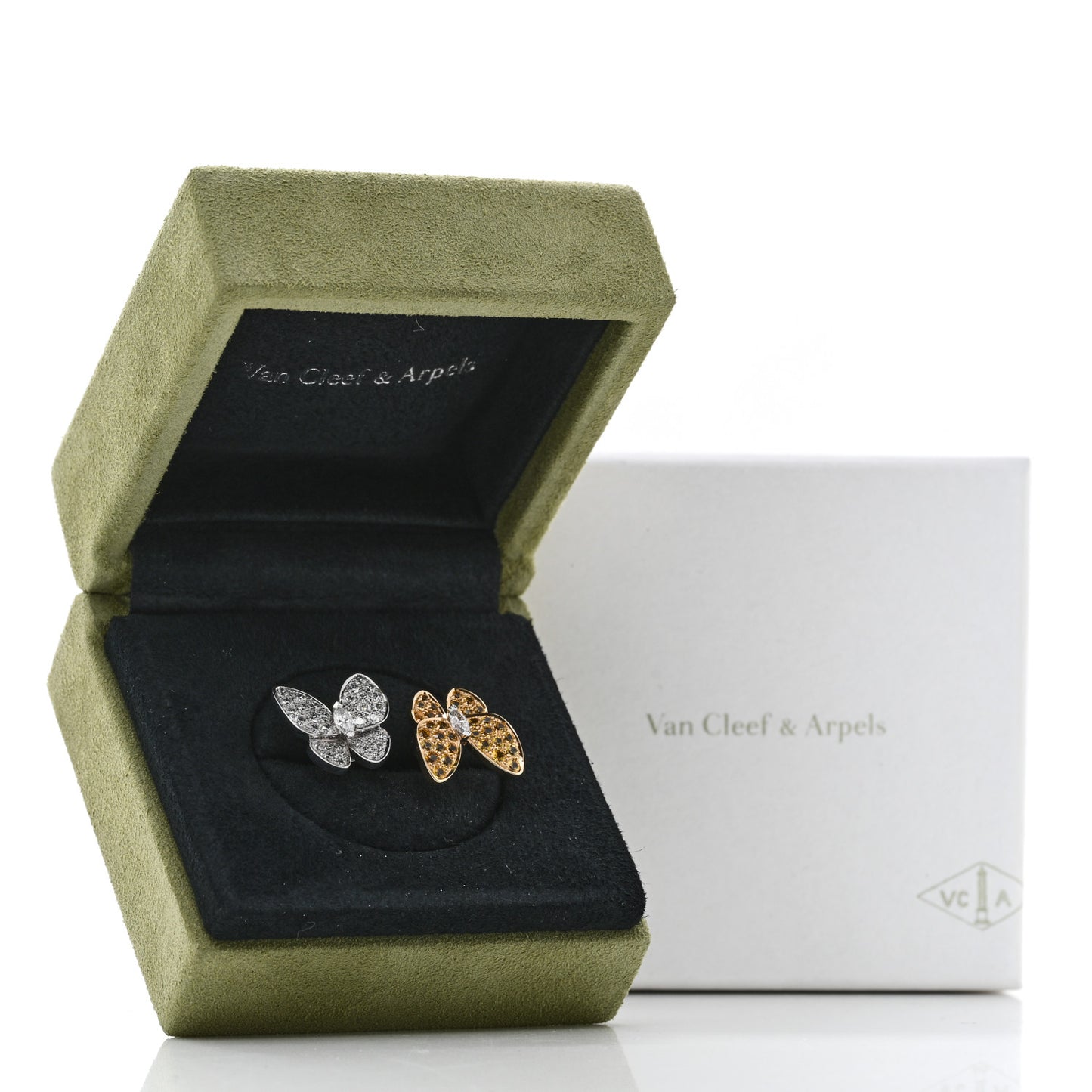 18K White Yellow Gold Diamond Yellow Sapphire Two Butterfly Between The Finger Ring 49 5