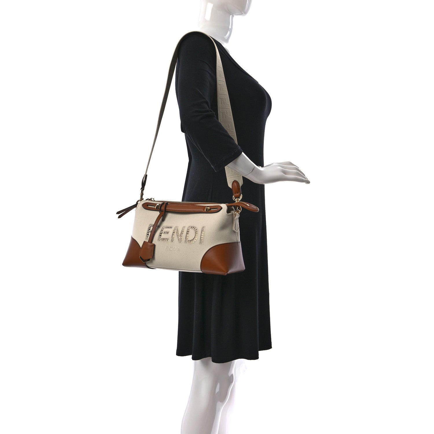 Fendi Canvas Vitello Logo Ajour Embroidered Medium By The Way Boston Bag Grezzo Cuoio 2 of 11