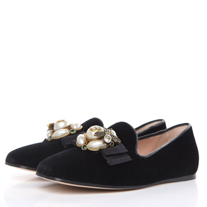 Gucci Velvet Etoile Pearl Embellished Loafers 35.5 Black 3 of 10