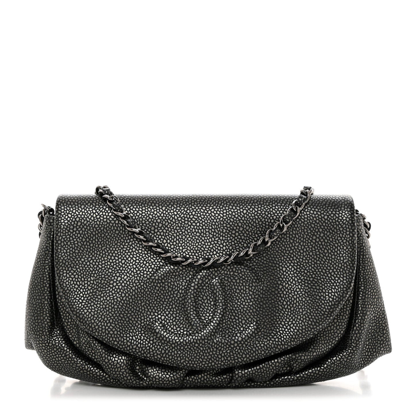 Metallic Caviar Half Moon Wallet On Chain WOC Dark Silver