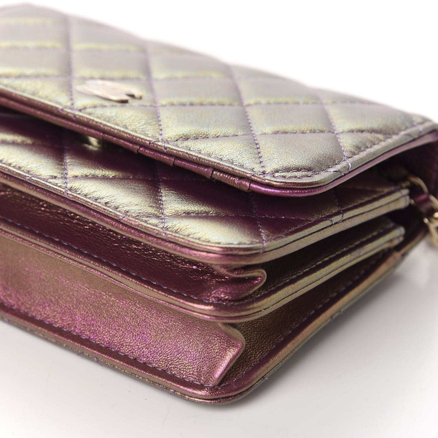 Iridescent Lambskin Quilted Mini Wallet On Chain WOC Purple