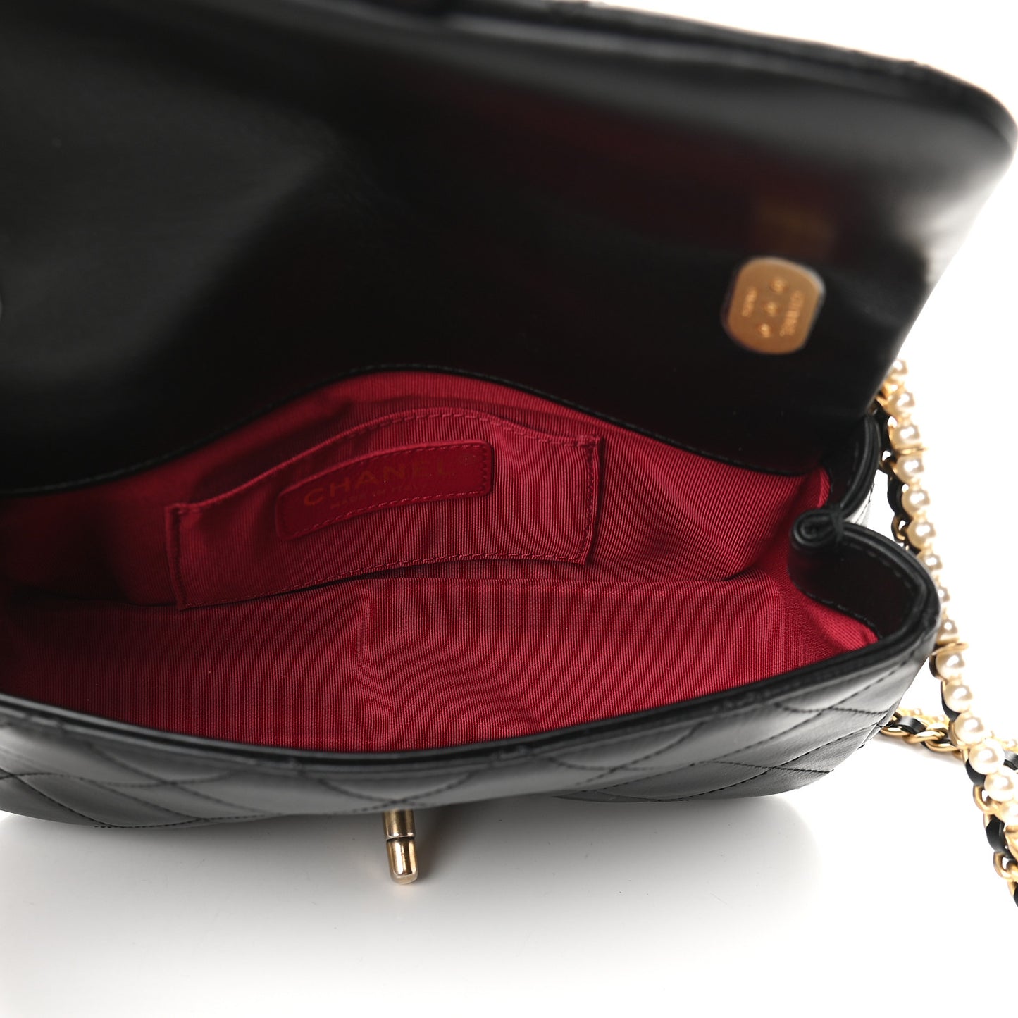 Calfskin Quilted Small Crystal Pearls Flap Bag Black