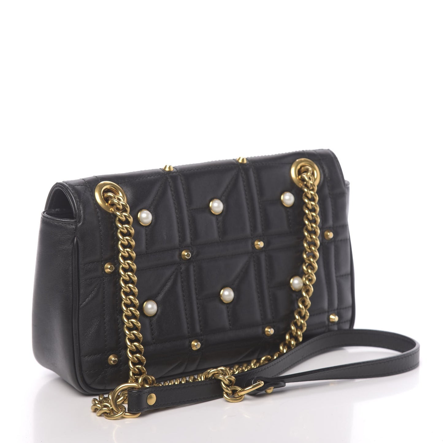 Calfskin Matelasse Studded Small Pearly GG Marmont Shoulder Bag Black