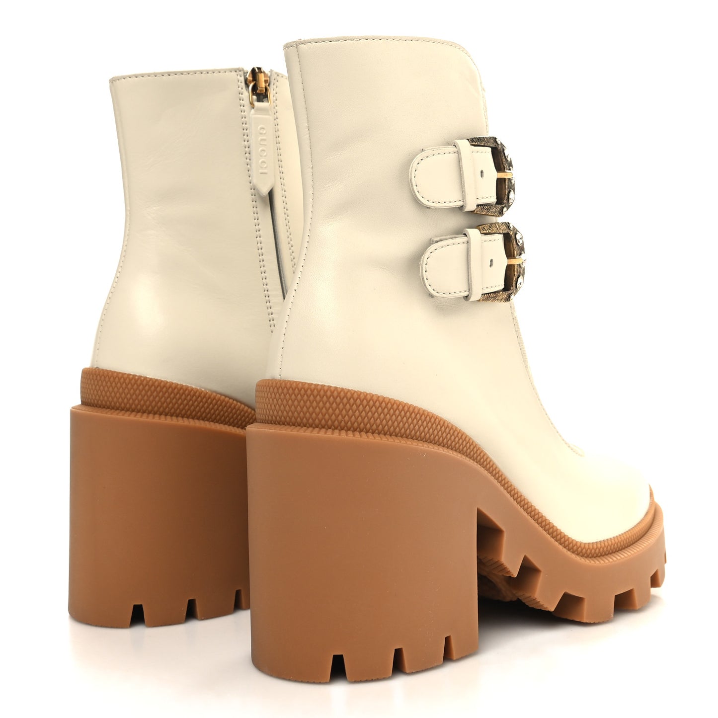 Kensington Calfskin Nappa GG Supreme Monogram Womens Double Buckle Ankle Boots 35.5 Mystic White Beige