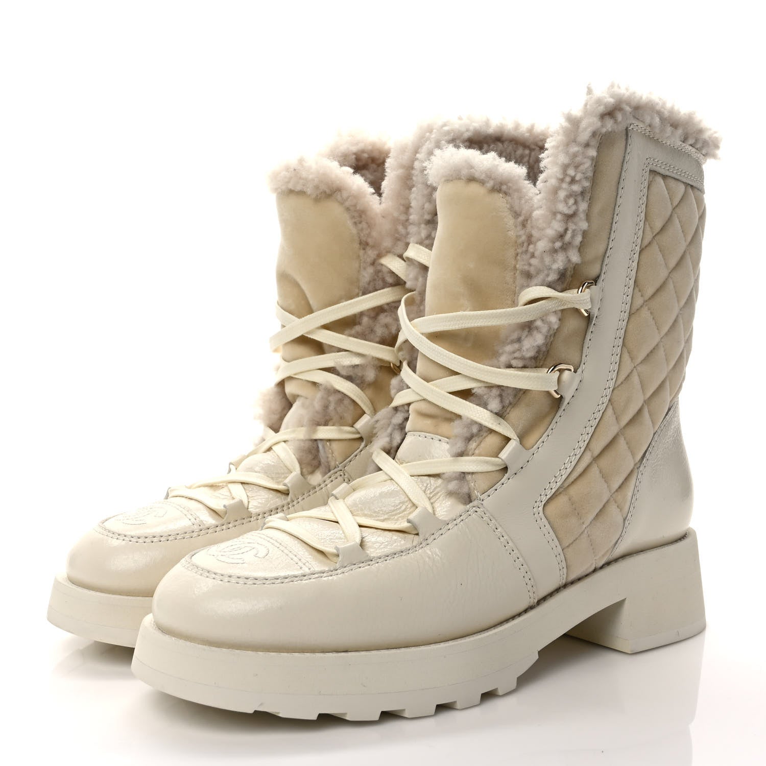 Chanel Shiny Crumpled Calfskin Velvet Shearling Lace Up Boots 38.5 Ivory 3 of 7