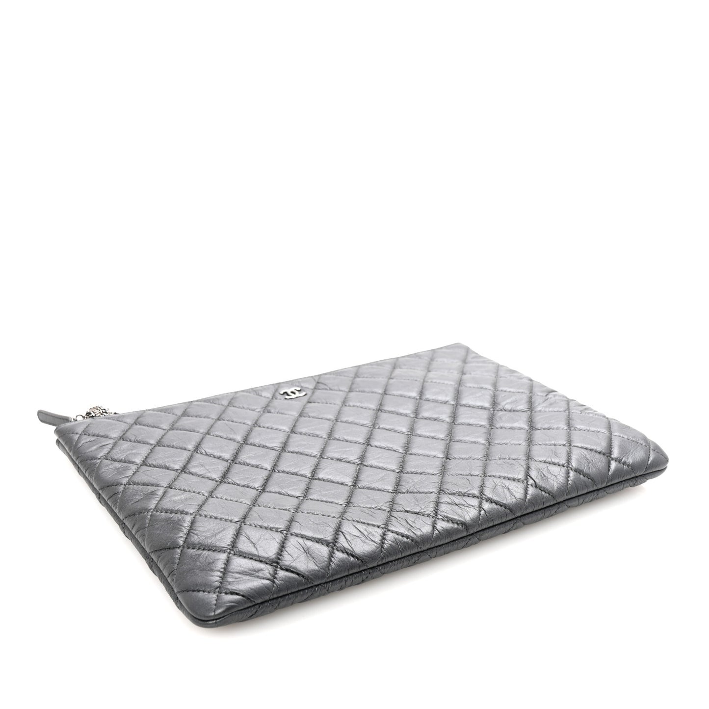 Aged Calfskin Quilted Large Tassel Cosmetic Case Dark Grey