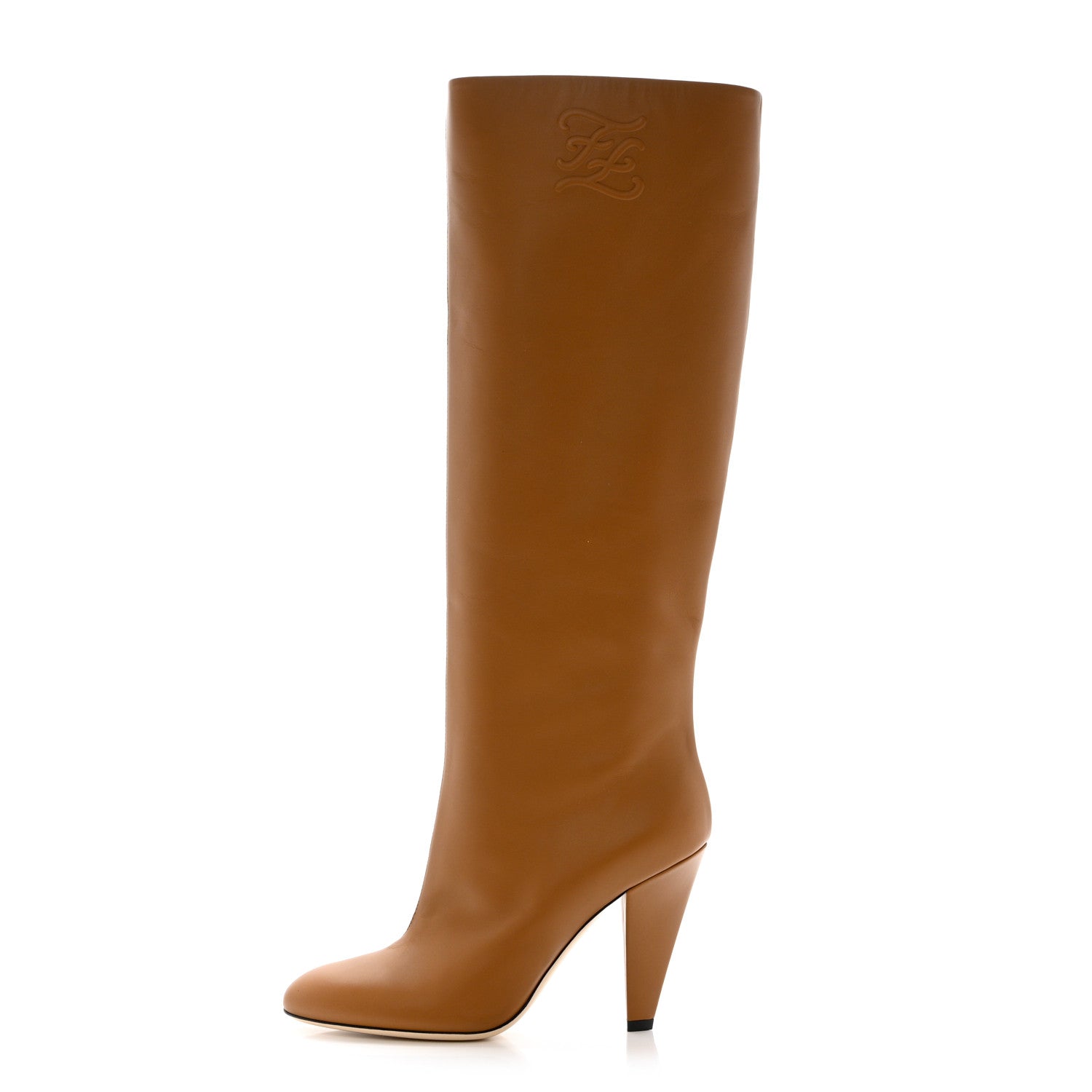 Fendi Vitello Karligraphy Knee High Boots 38 Brown 1 of 7