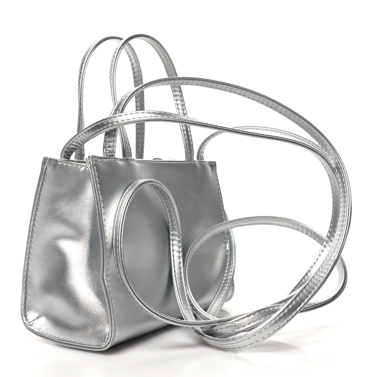Metallic Vegan Leather Small Shopping Bag Silver