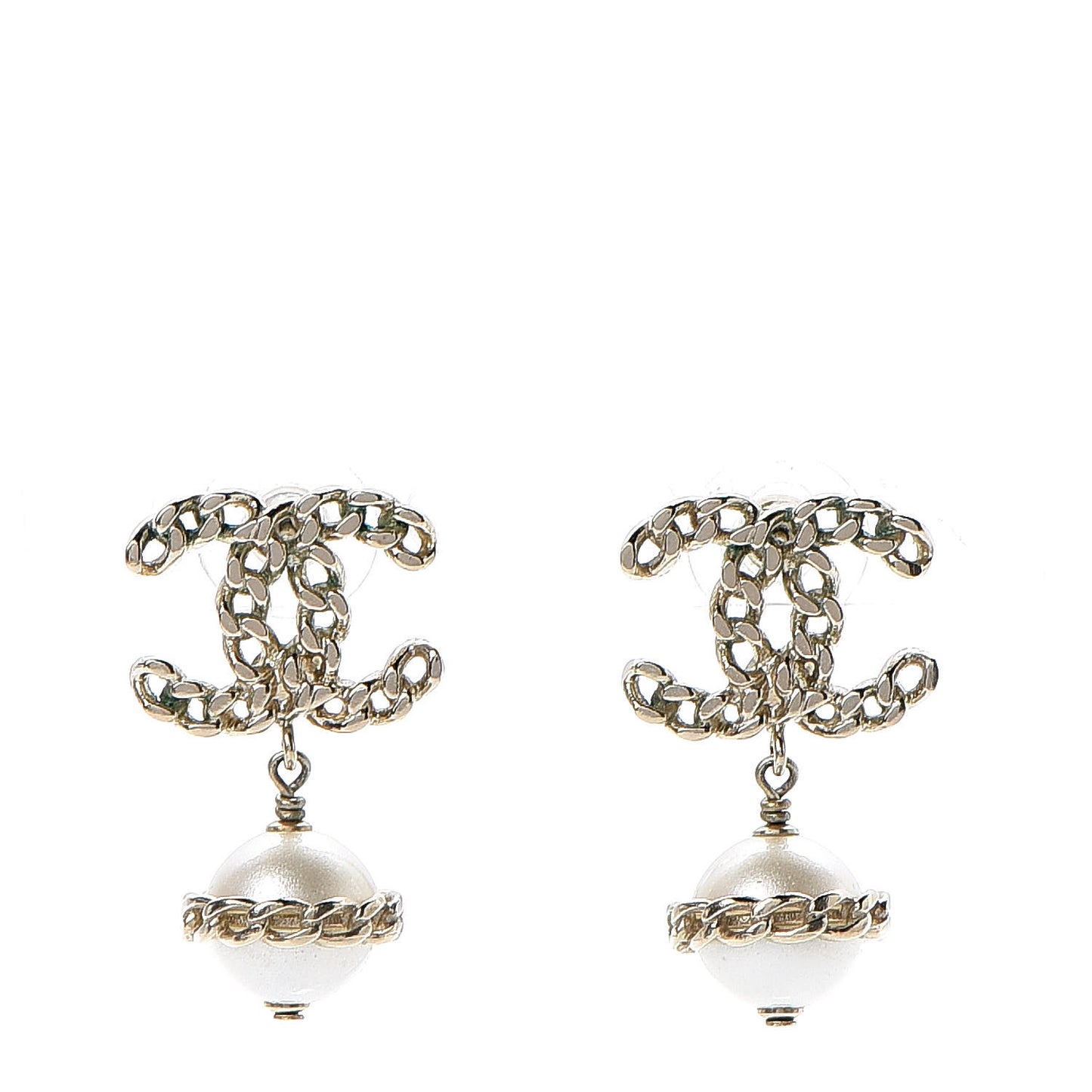 Chain Pearl CC Drop Earrings Gold