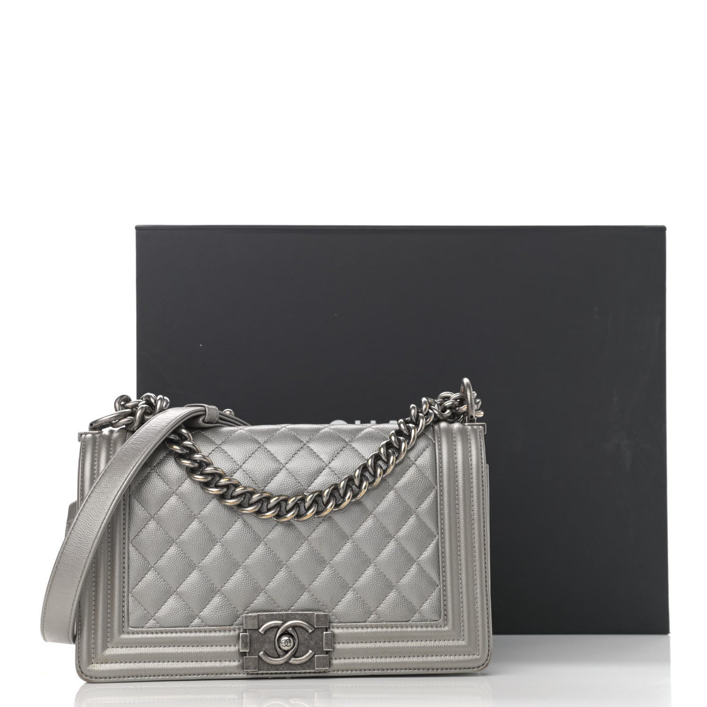 Metallic Caviar Quilted Medium Boy Flap Silver