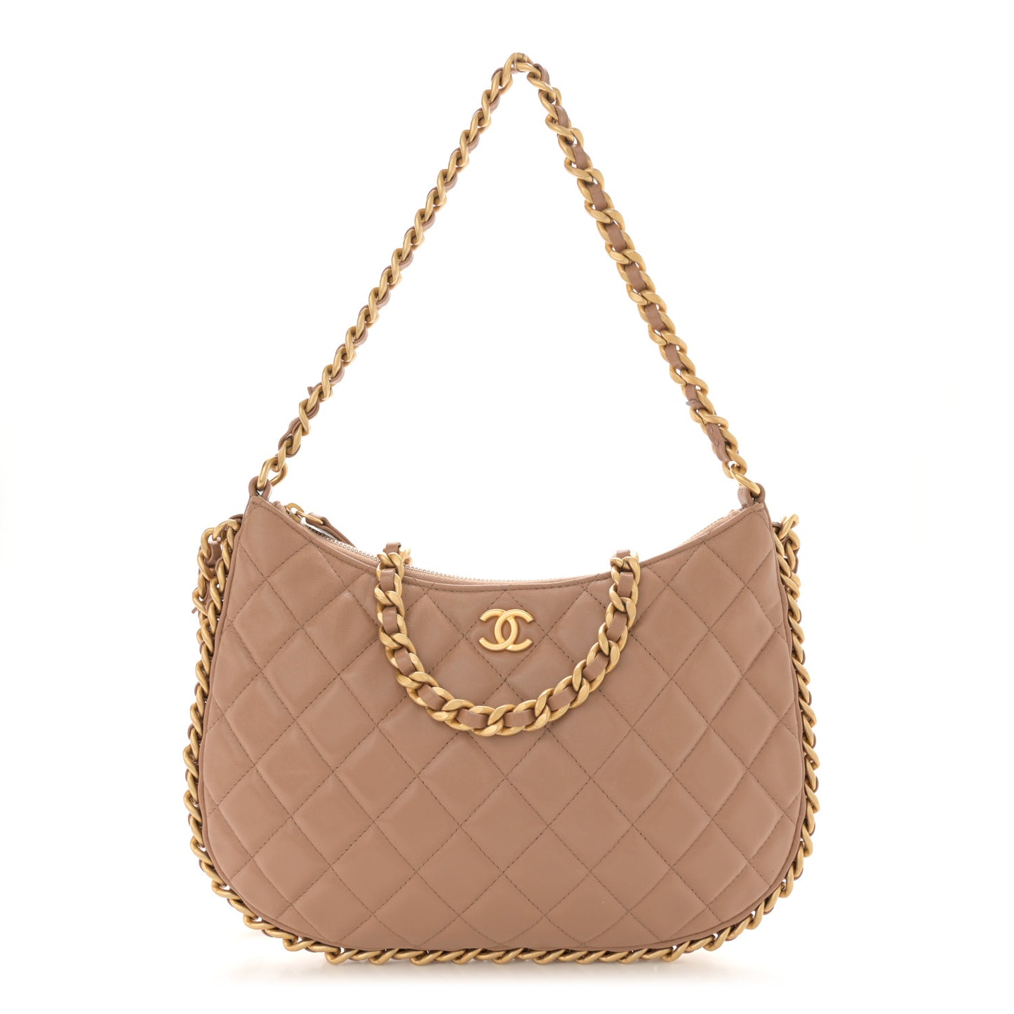 Shiny Crumpled Lambskin Quilted Large Trendy Chain Around Hobo Dark Beige