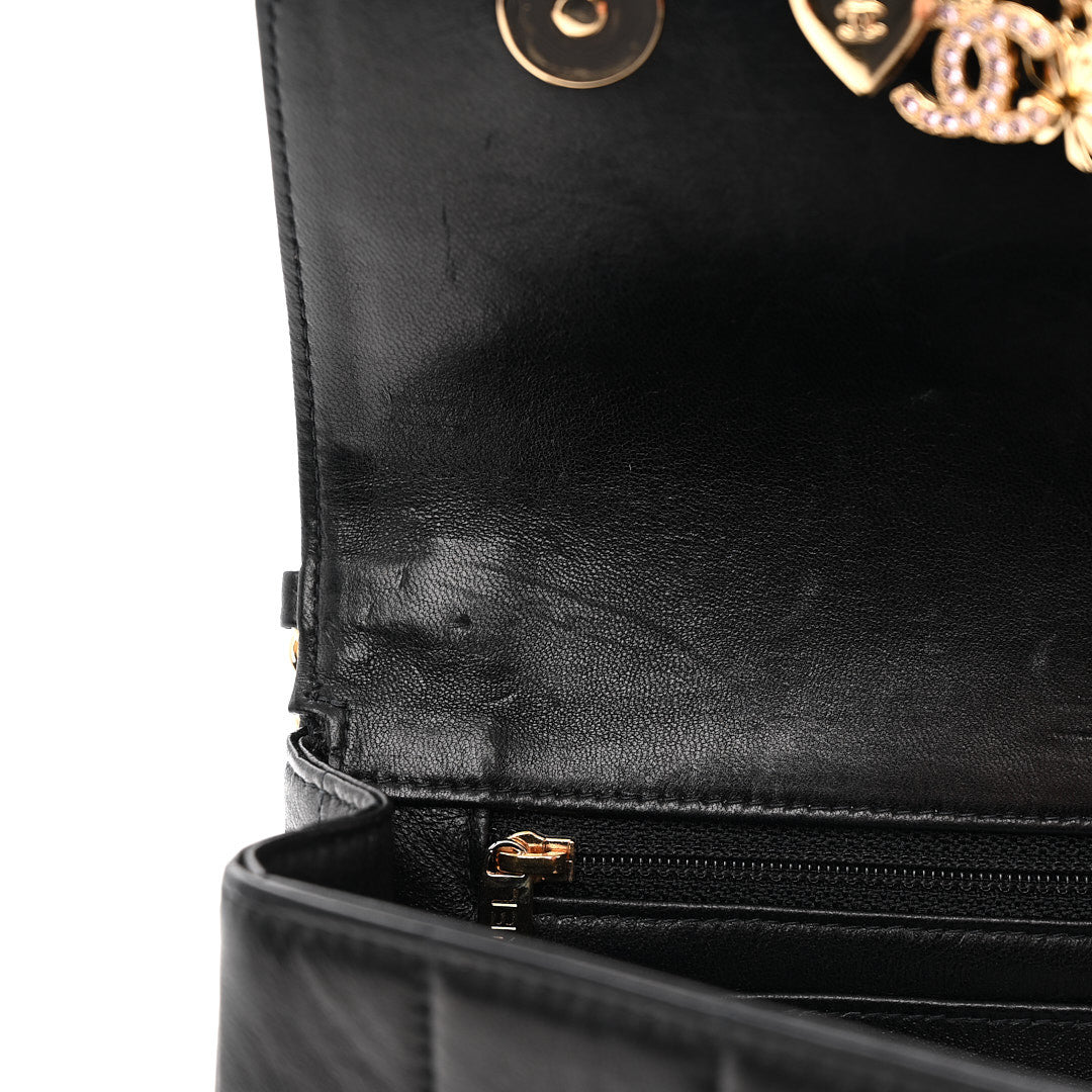 Lambskin Quilted Crystal Chocolate Bar Charm Flap Black