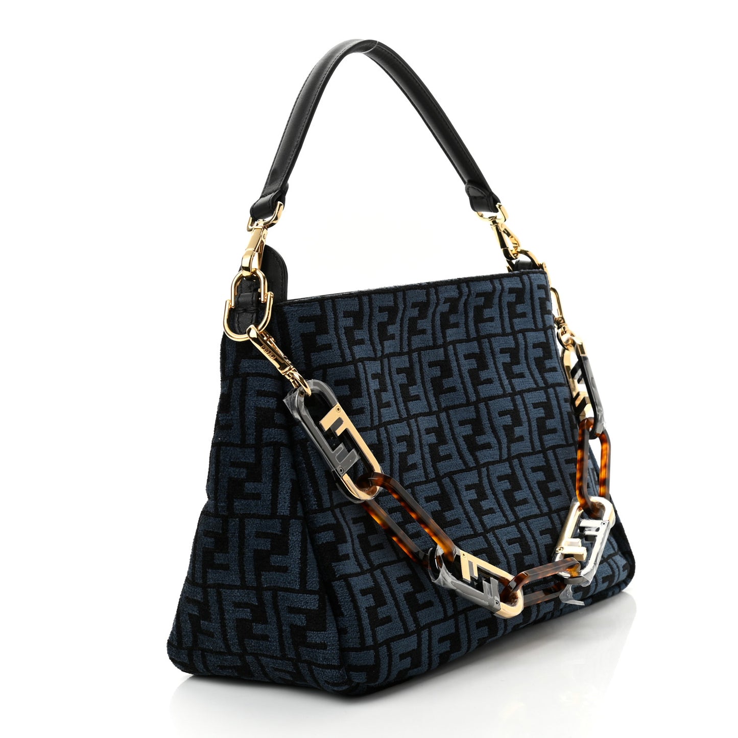 Chenille Vitello Seta Plexiglass FF Fendi O'Lock Zipper Blue Black
