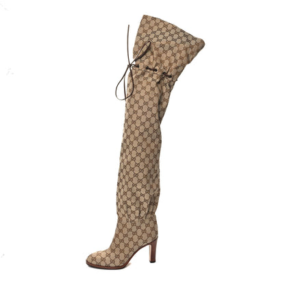 Gucci Monogram Over the Knee Boots 37.5 Beige Ebony 1 of 6
