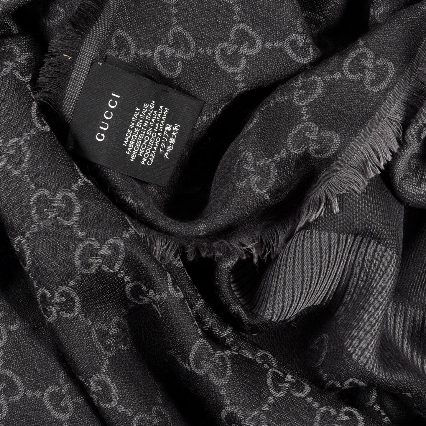 Wool Silk Monogram GGWeb Fringe Shawl Black Medium Grey