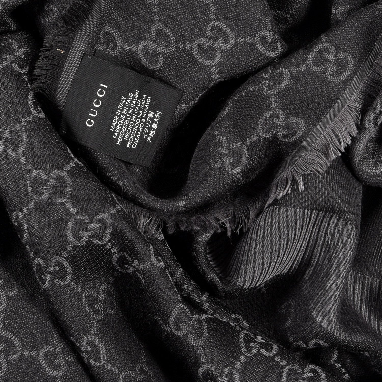 Gucci Wool Silk Monogram GGWeb Fringe Shawl Black Medium Grey 3 of 4