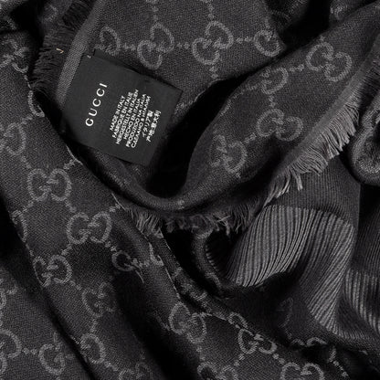 Gucci Wool Silk Monogram GGWeb Fringe Shawl Black Medium Grey 3 of 4