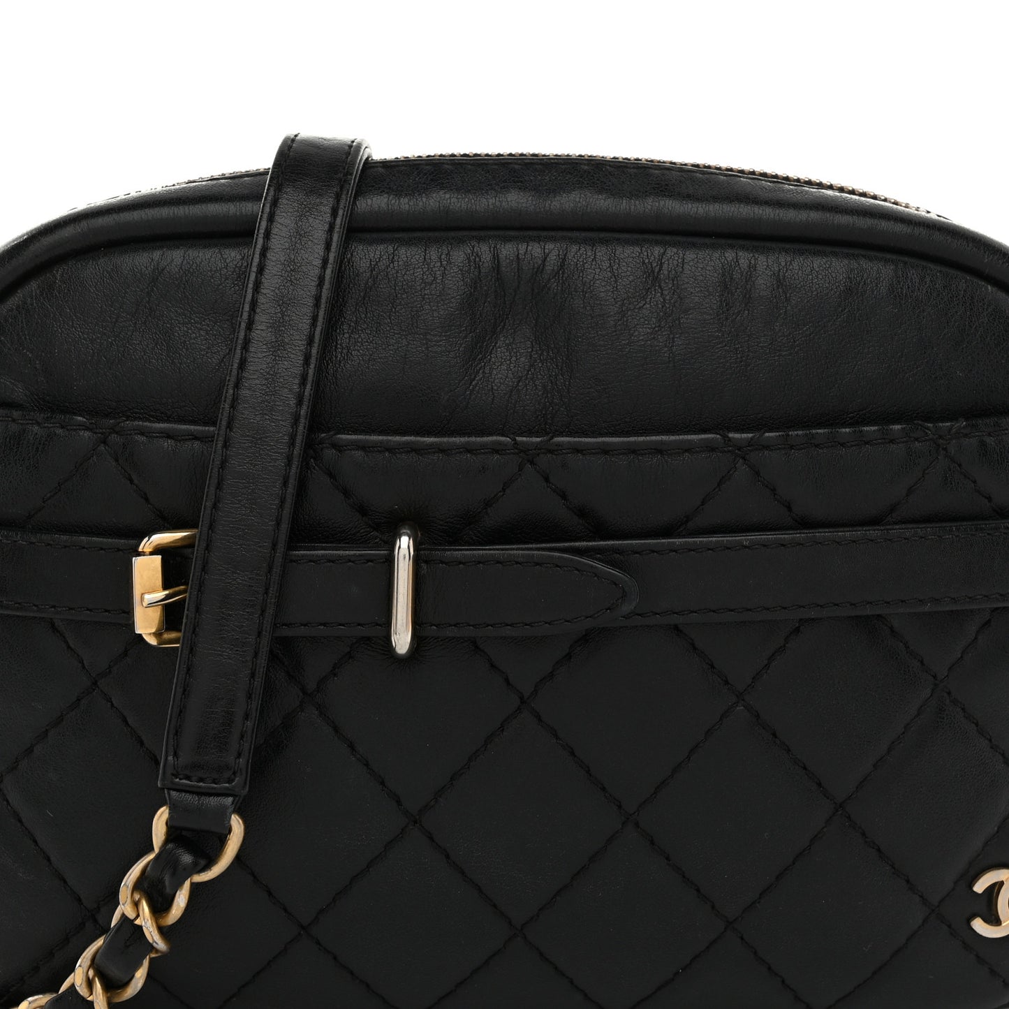 Lambskin Quilted Medium Buckle Camera Case Bag Black