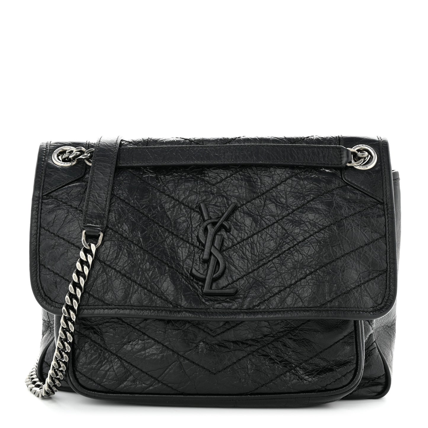 Crinkled Calfskin Matelasse Monogram Medium Niki Chain Satchel Black