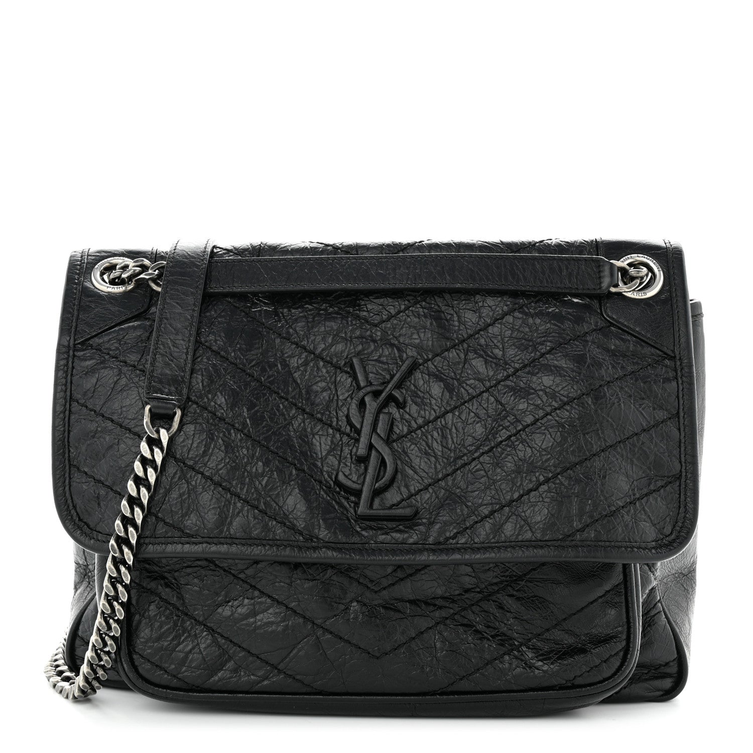 Saint Laurent Crinkled Calfskin Matelasse Monogram Medium Niki Chain Satchel Black 1 of 11