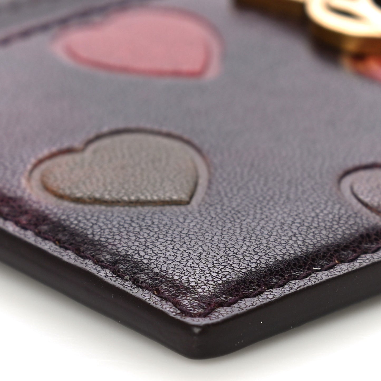 T Lambskin Heart Embossed Monogram Card Case Vintage Cognac