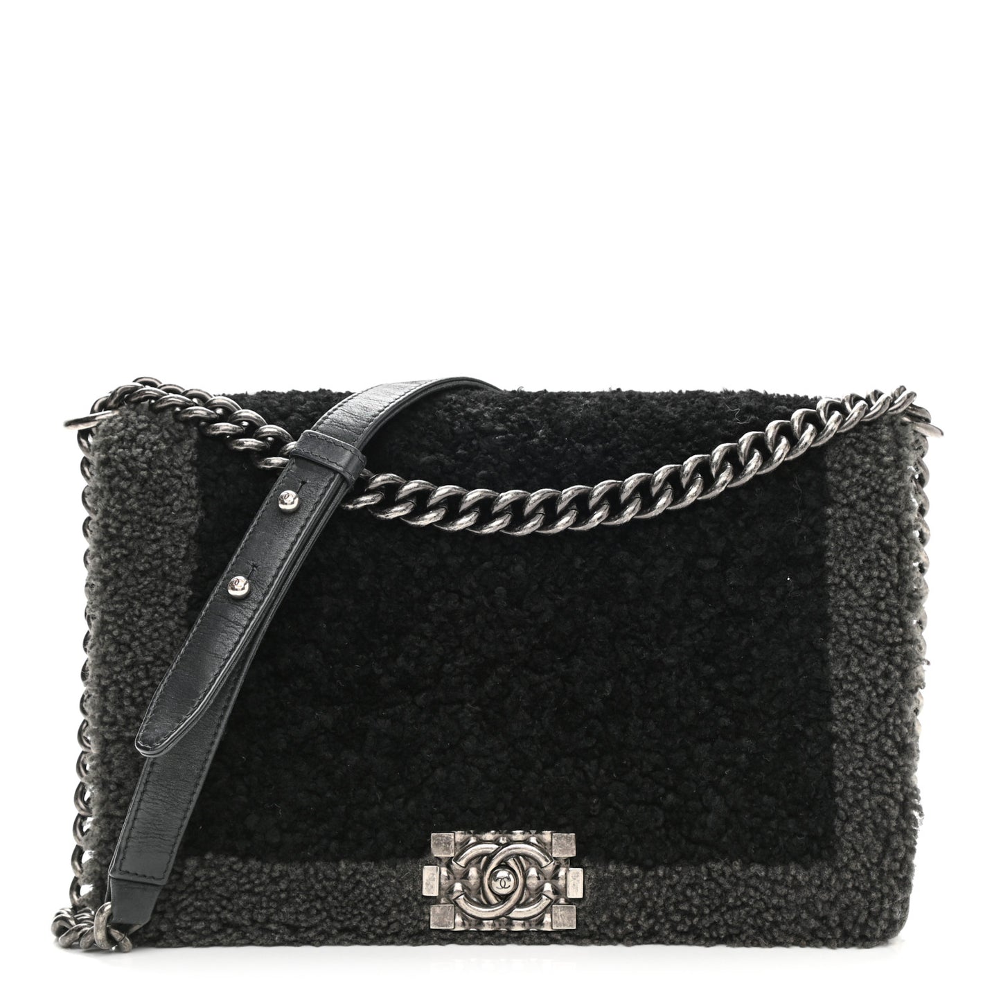 Shearling Iridescent Calfskin Medium Boy Flap Black Grey