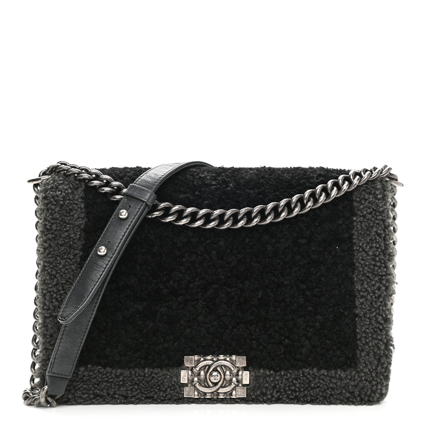 Chanel Shearling Iridescent Calfskin Medium Boy Flap Black Grey 1 of 13