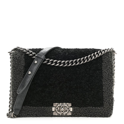 Chanel Shearling Iridescent Calfskin Medium Boy Flap Black Grey 1 of 13