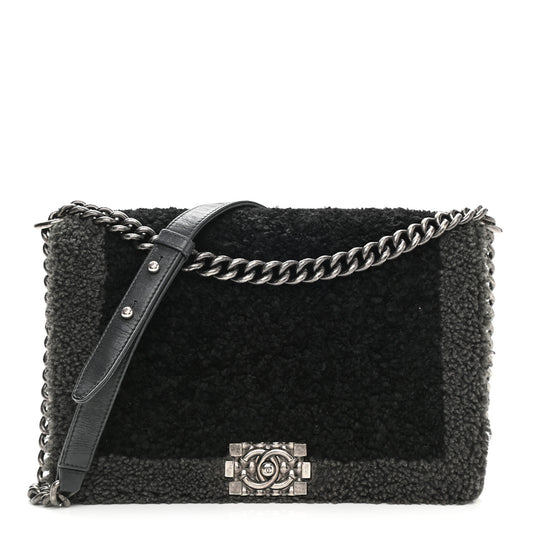 Shearling Iridescent Calfskin Medium Boy Flap Black Grey