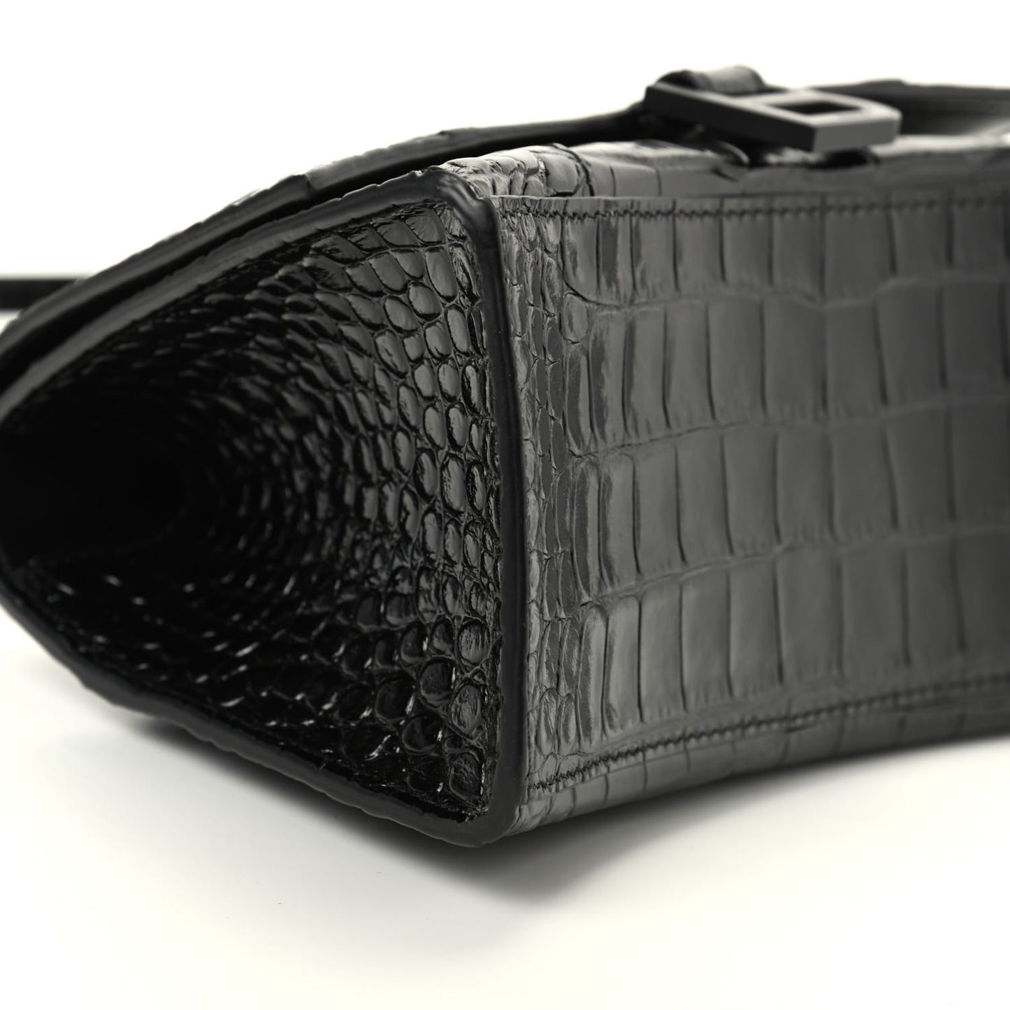 Shiny Calfskin Monochrome Crocodile Embossed Small Hourglass Top Handle Bag Black