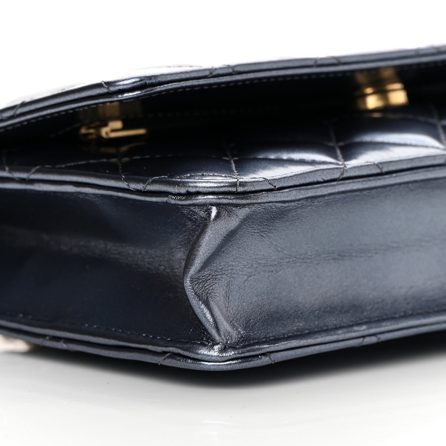 Metallic Lambskin Wallet On Chain WOC Dark Blue