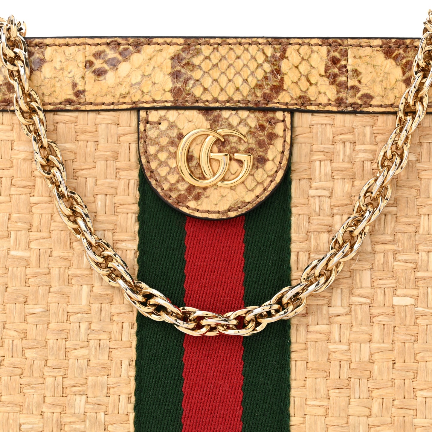 Raffia Elaphe GG Small Ophidia Chain Shoulder Bag Natural Cream Brown