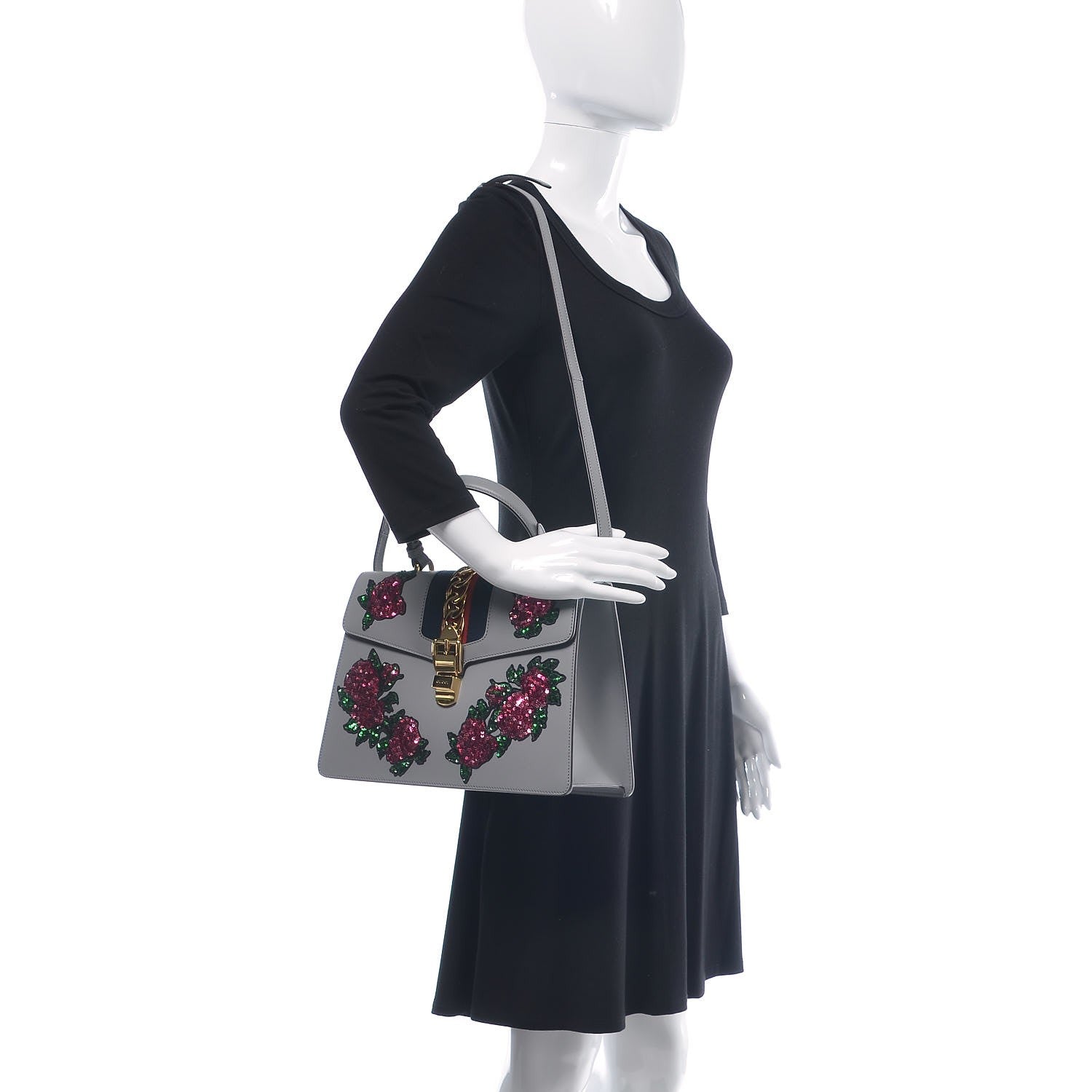 Gucci Calfskin Emboridered Medium Sylvie Top Handle Bag Deep Grey Multicolor 2 of 7