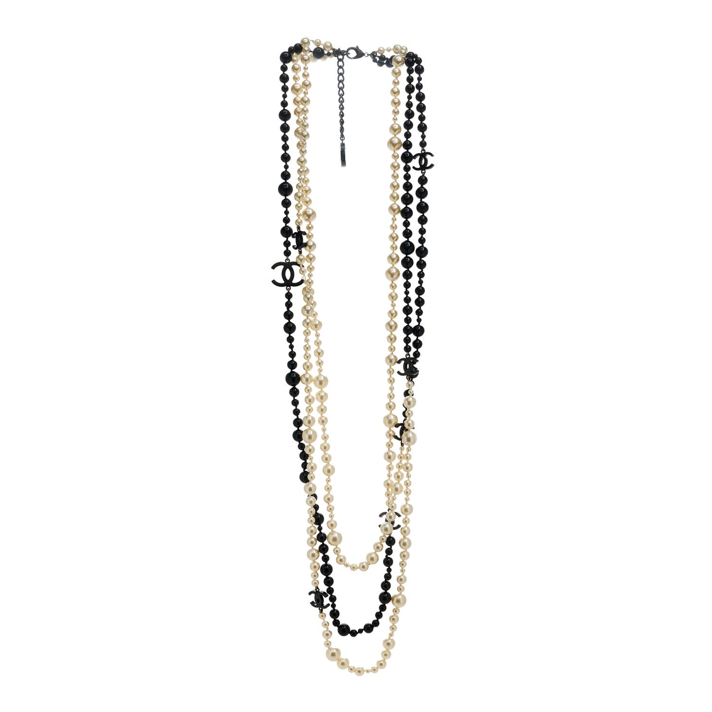 Pearl Beaded CC Long Triple Strand Necklace Black White