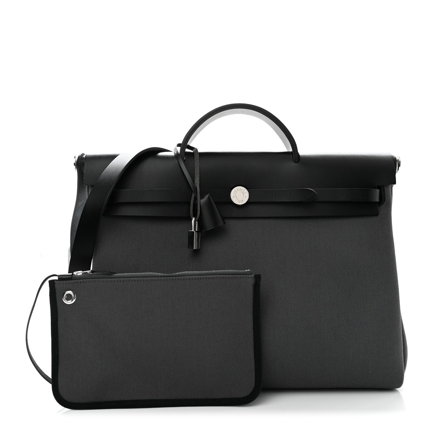 Hermes Military Toile Vache Hunter Herbag Messenger 39 Gris Fumee Black 3 of 11