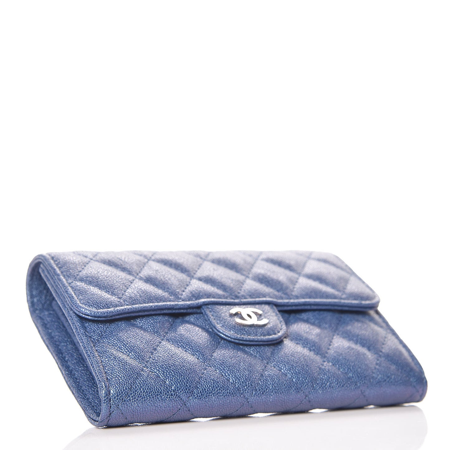 Iridescent Caviar Quilted Medium Flap Wallet Blue