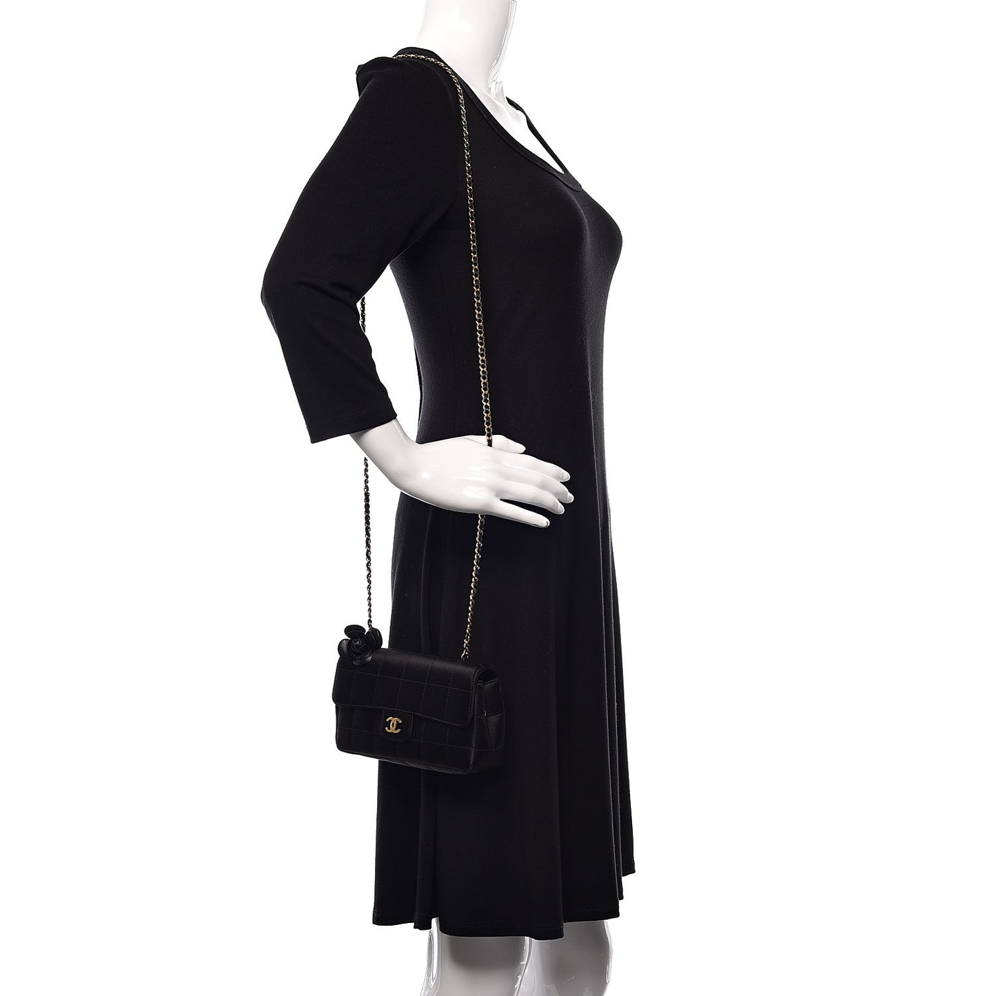 Satin Chocolate Bar Quilted Camellia Rectangular Mini Flap Black