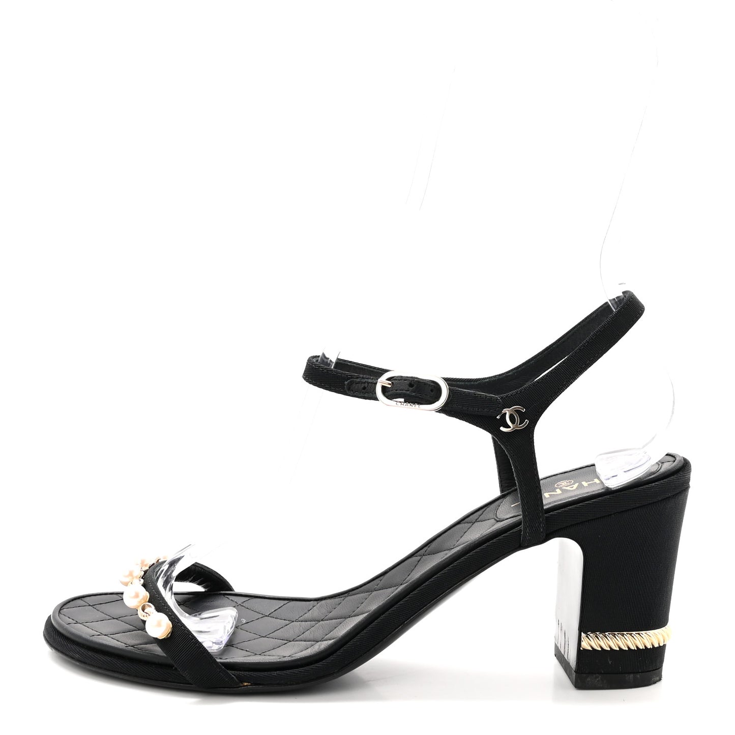 Grosgrain Pearl Chain CC Sandals 37.5 Black