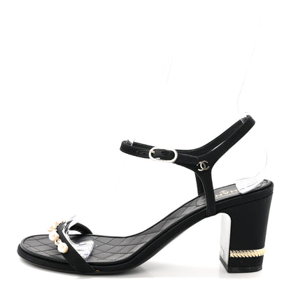 Chanel Grosgrain Pearl Chain CC Sandals 37.5 Black 1 of 8