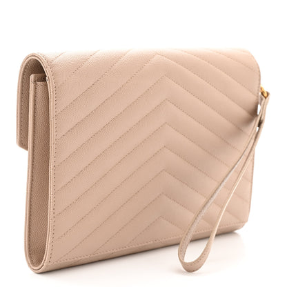 Saint Laurent Grain De Poudre Matelasse Chevron Monogram Envelope Clutch Dark Beige 3 of 11