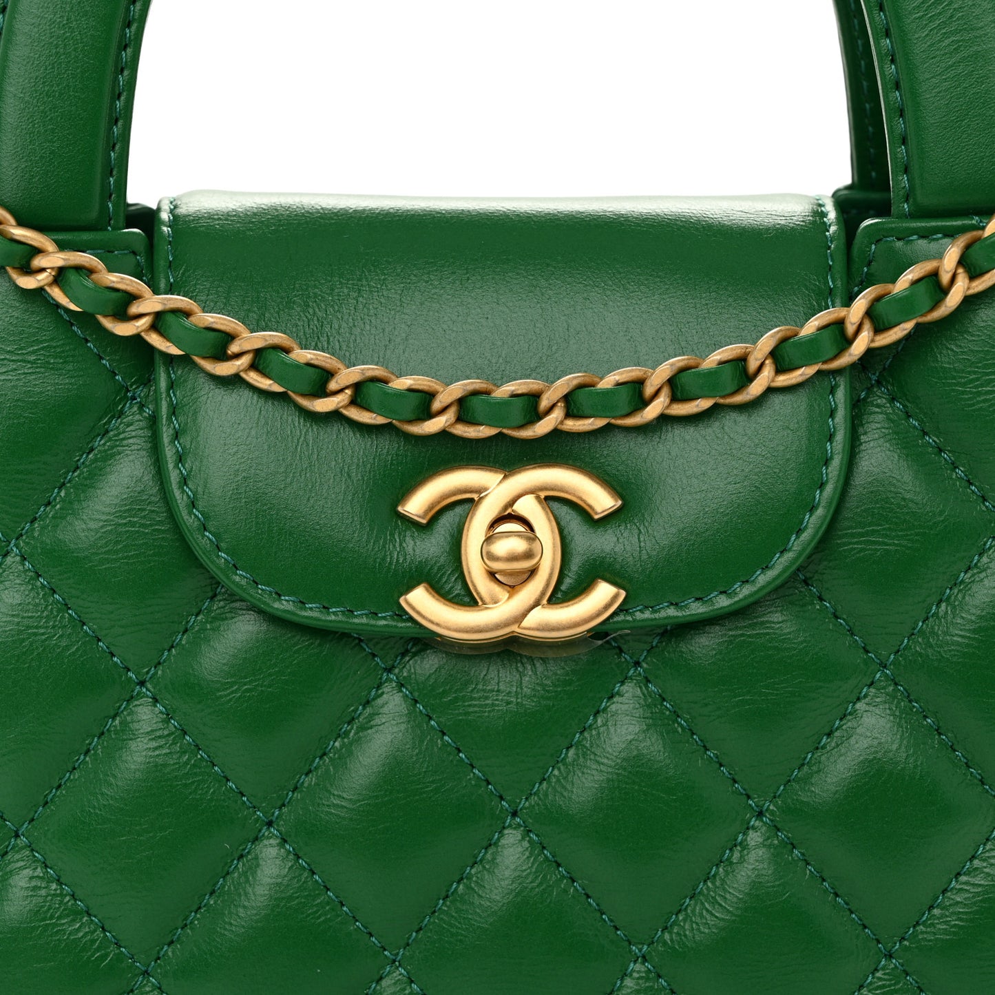 Shiny Aged Calfskin Quilted Nano Kelly Shopper Green