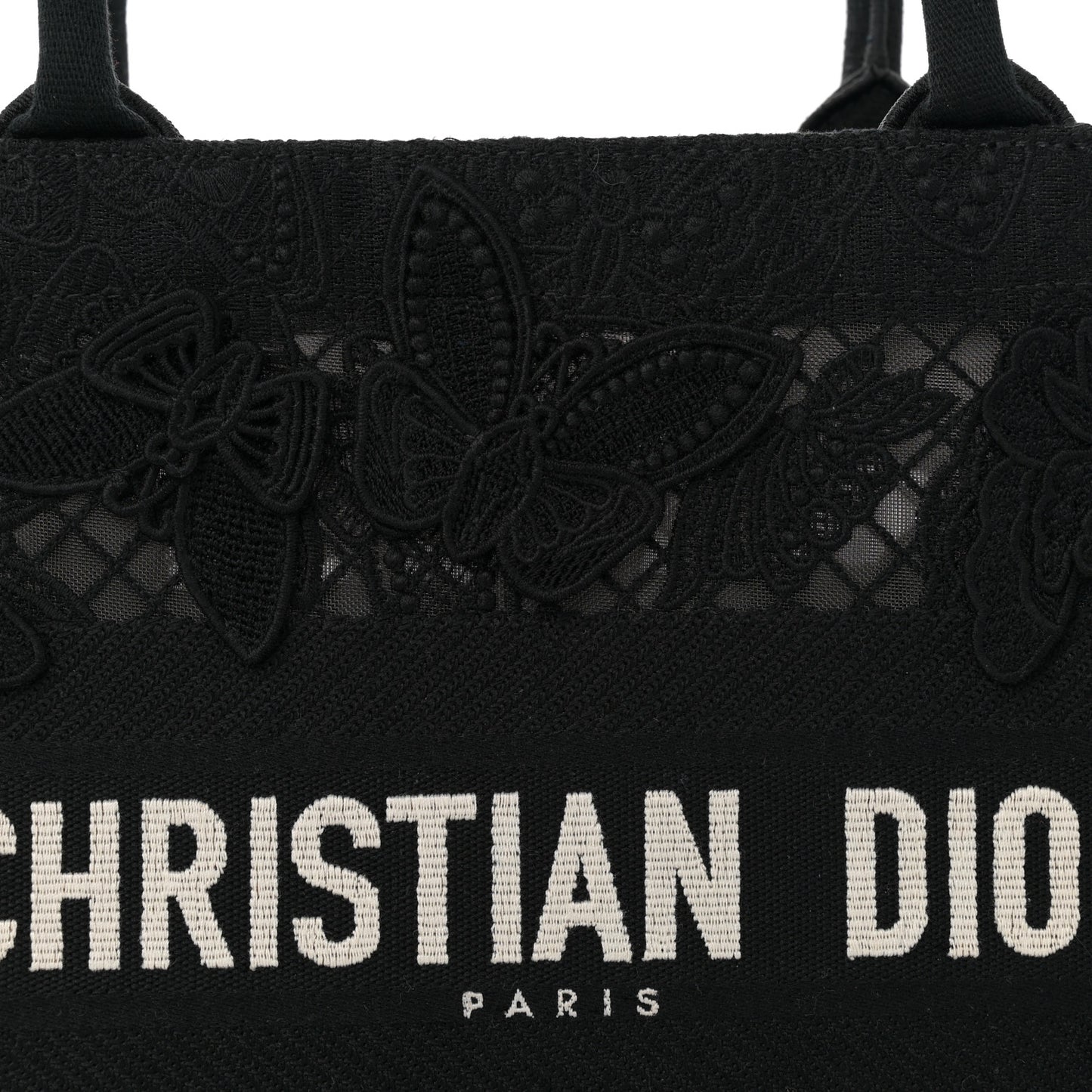 Embroidered 3D Macrame D-Lace Butterfly Medium Book Tote Black Multicolor