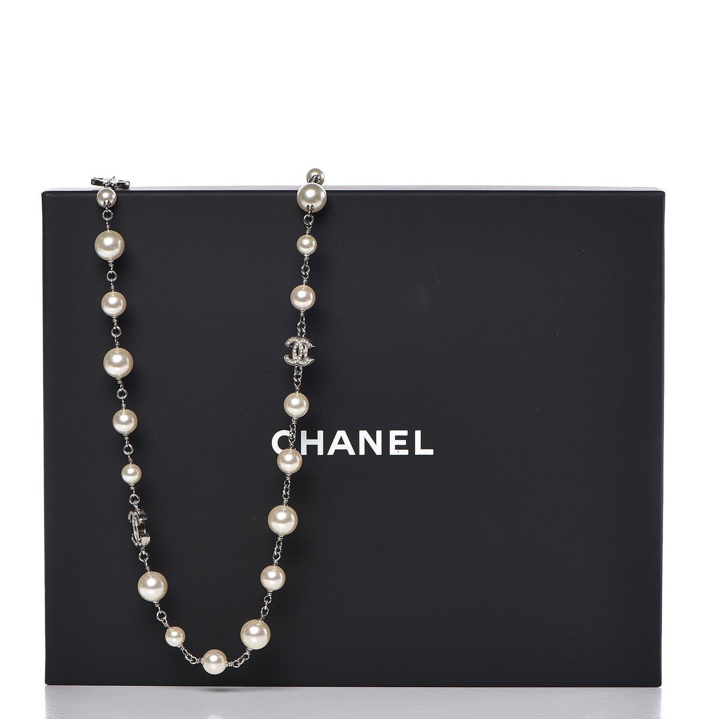 Crystal Pearl CC Long Necklace Silver