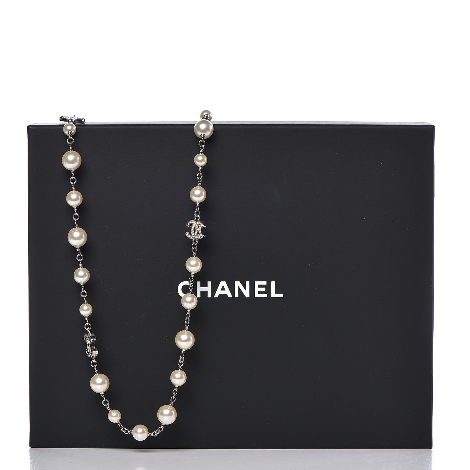 Chanel Crystal Pearl CC Long Necklace Silver 4 of 4