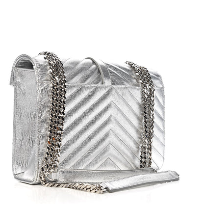Saint Laurent Metallic Grain De Poudre Matelasse Chevron Medium Monogram Satchel Silver 3 of 11