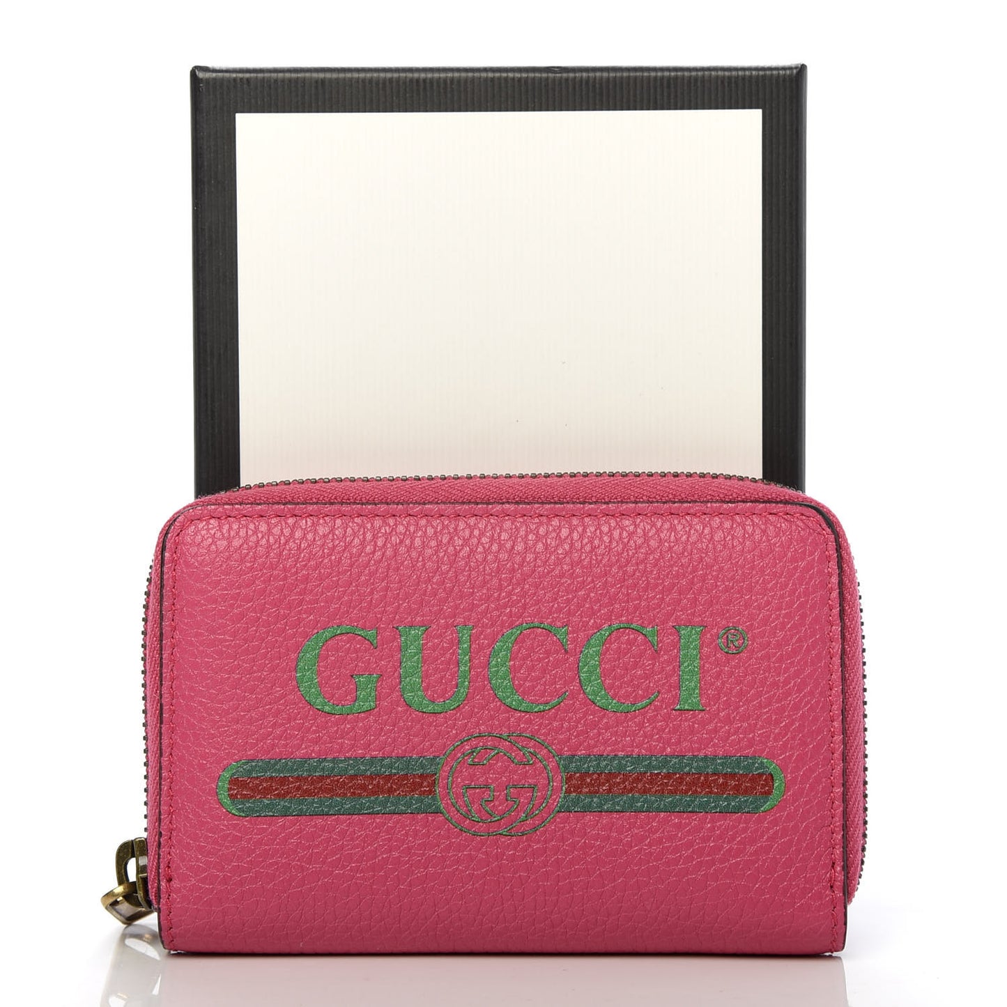 Grained Calfskin Logo Zip Around Card Case Box Pink Green