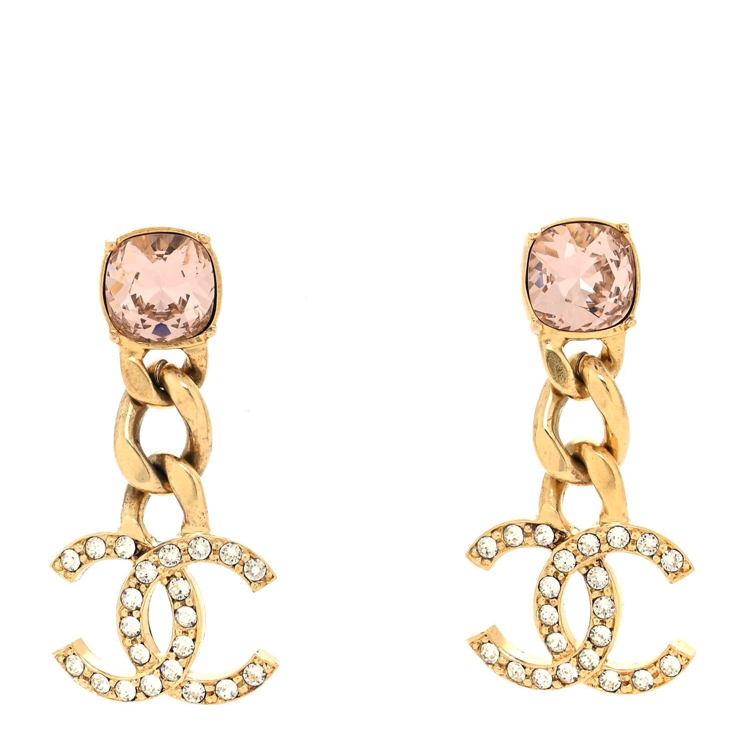 Chanel Glass Crystal CC Chain Drop Earrings Pink Gold 1 of 4