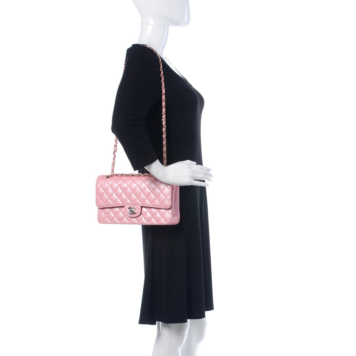 Iridescent Caviar Quilted Medium Double Flap Rose Pink